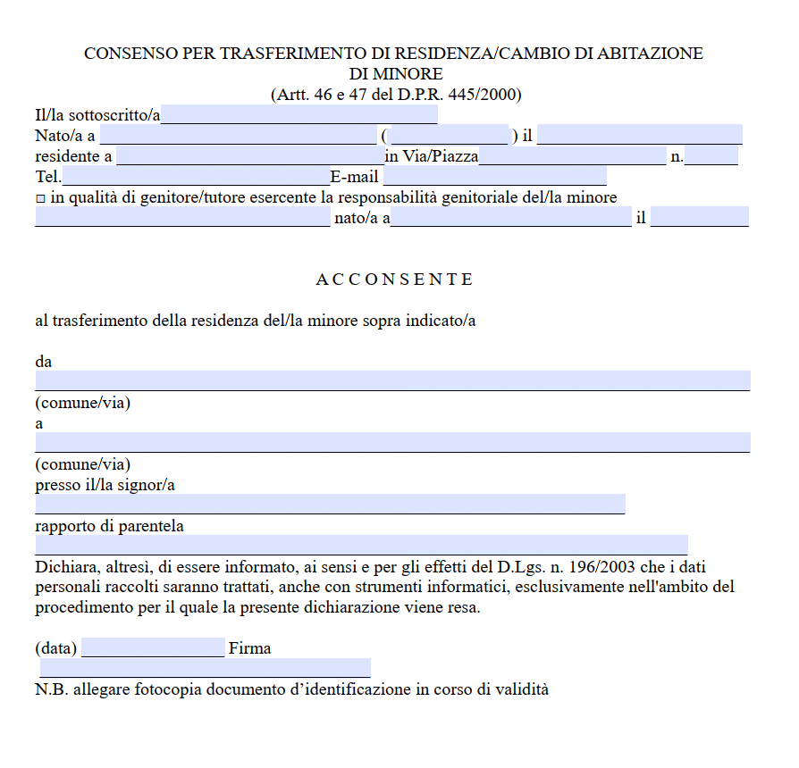 Autorizzazione Cambio di Residenza Minorenni