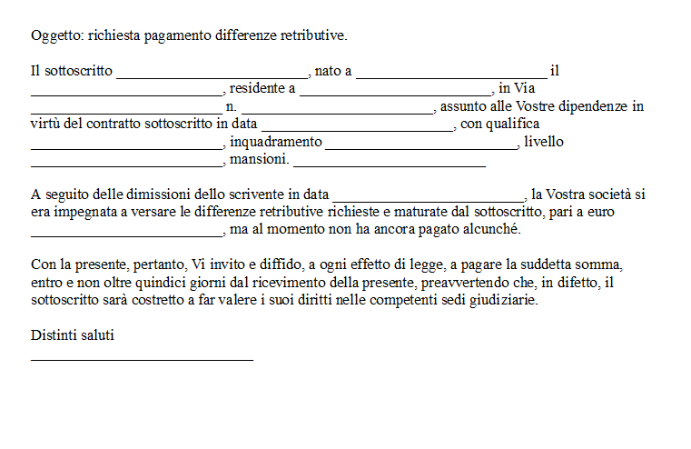 Lettera richiesta differenze retributive