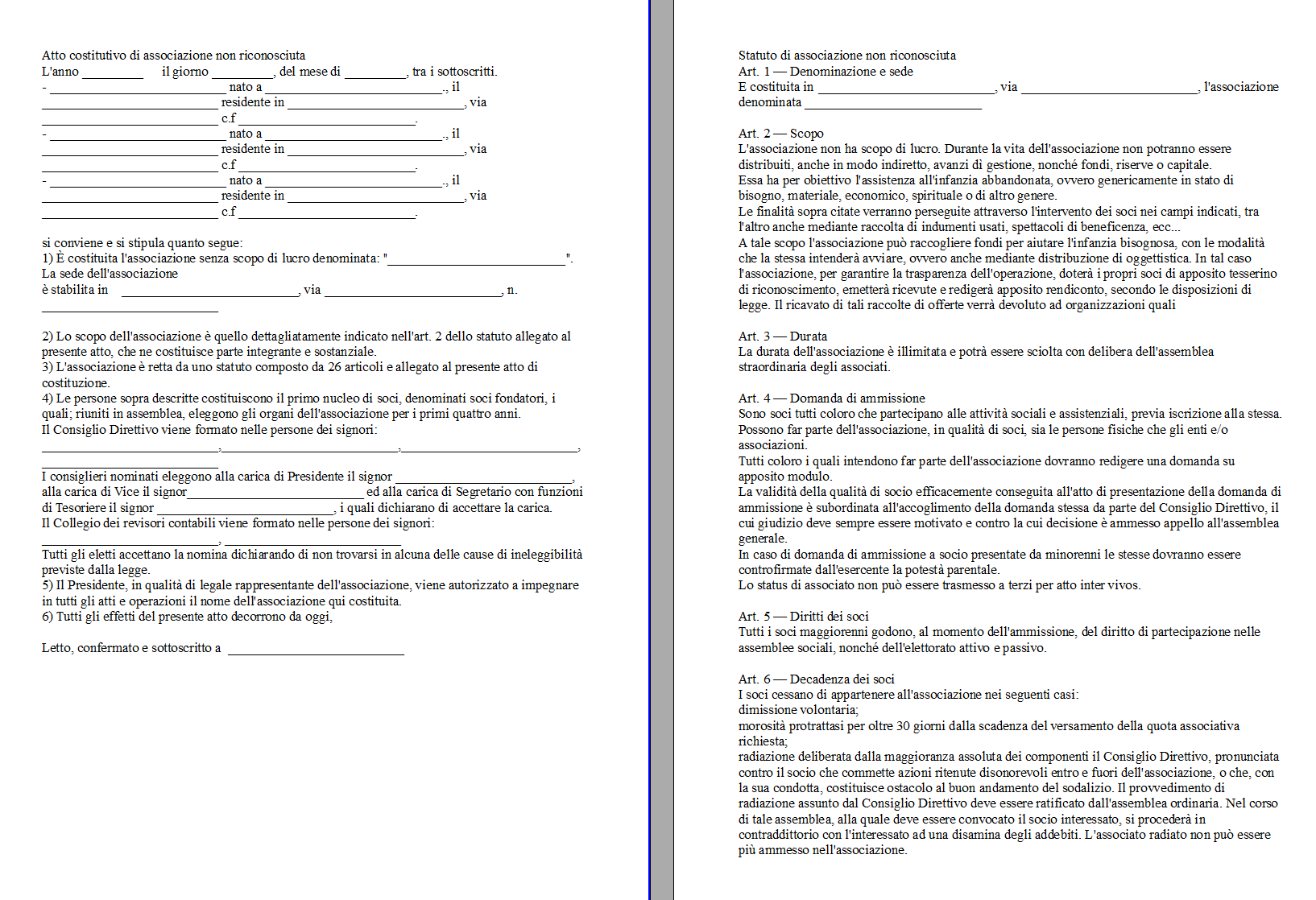 Fac simile atto costitutivo e statuto associazione