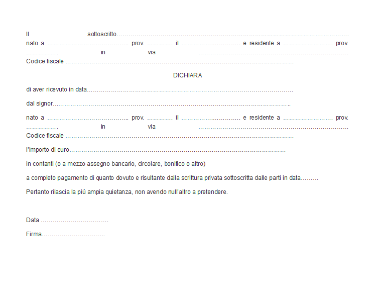 Modello Ricevuta di Pagamento Generica