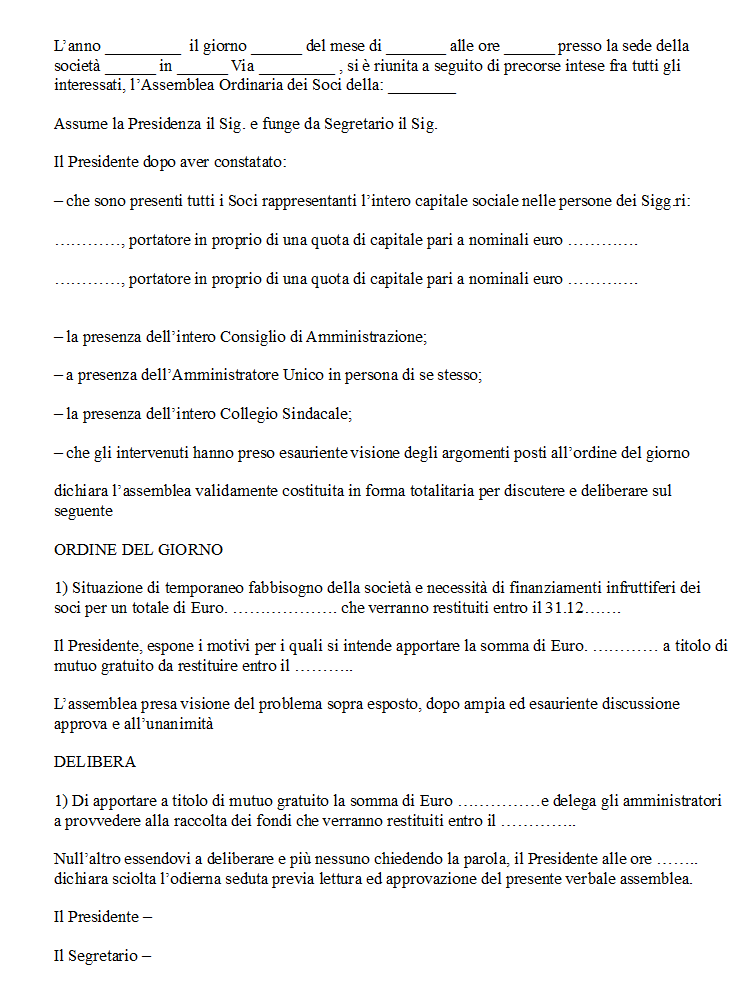 Modello Verbale Finanziamento Soci Infruttifero