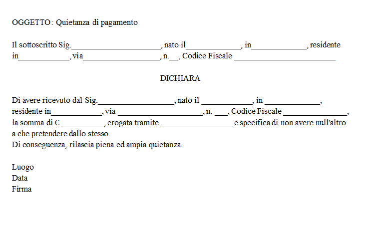 Fac Simile Quietanza Liberatoria Word e PDF