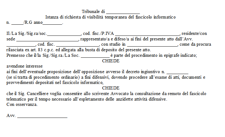 Fac simile istanza di visibilità fascicolo telematico