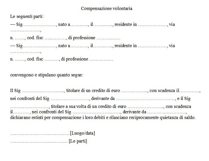 Fac simile lettera compensazione crediti e debiti