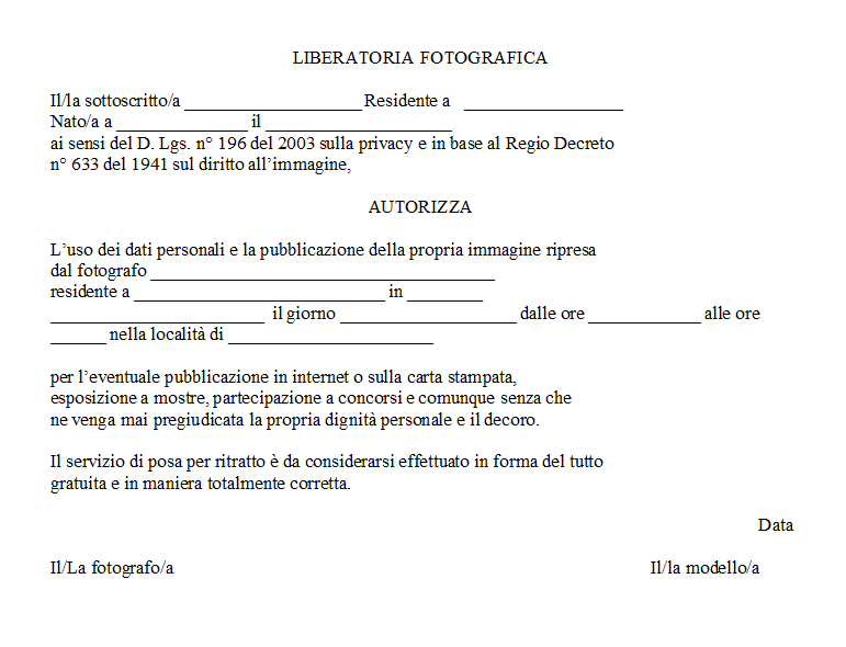 Fac Simile Liberatoria Fotografica