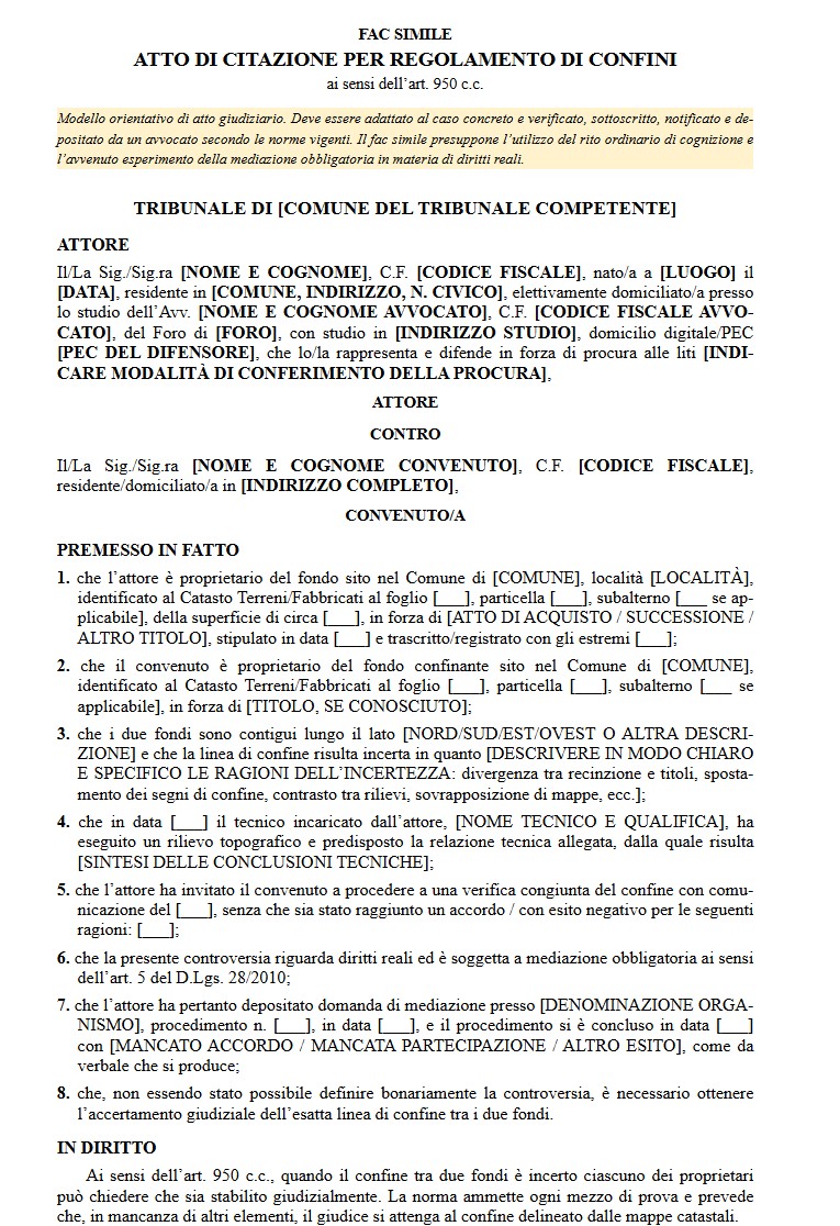 Modello Azione di Regolamento Confini