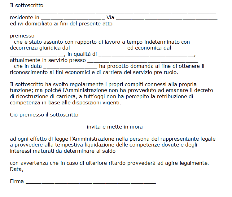 Fac Simile Sollecito per Ricostruzione di Carriera