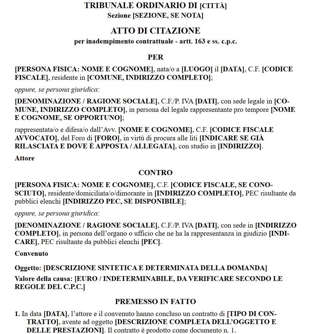Fac Simile Atto di Citazione per Inadempimento Contrattuale