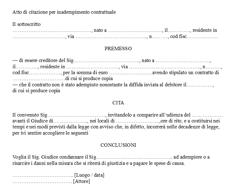 Modello Atto di Citazione per Inadempimento Contrattuale