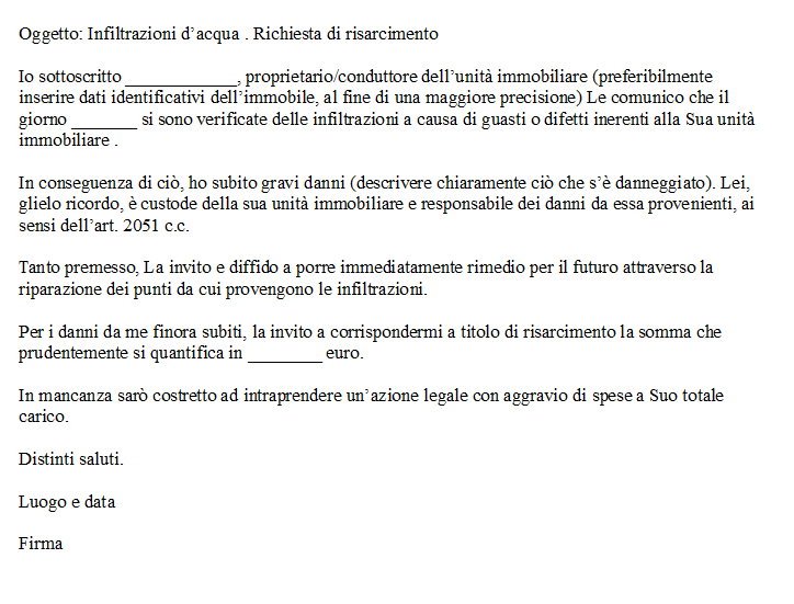 Lettera per Danni da Infiltrazioni