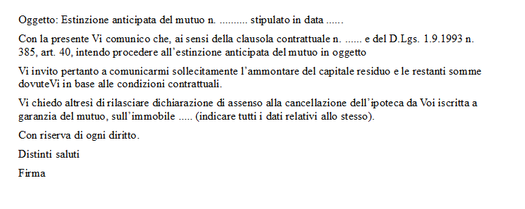 Fac Simile Richiesta Estinzione Anticipata del Mutuo