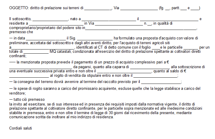 Fac Simile Lettera ai Confinanti per Vendita Terreno