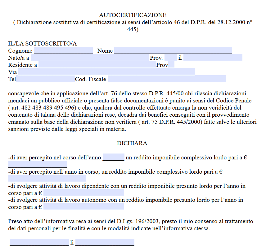 Modulo Autocertificazione Reddito Presunto Word e PDF