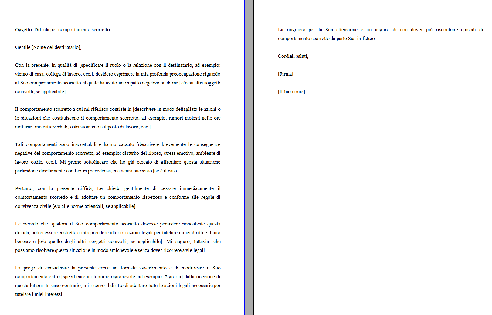 Diffida per Comportamento Scorretto Word e PDF