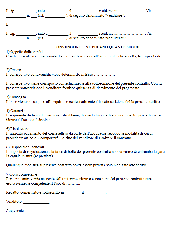 Documento di vendita tra privati