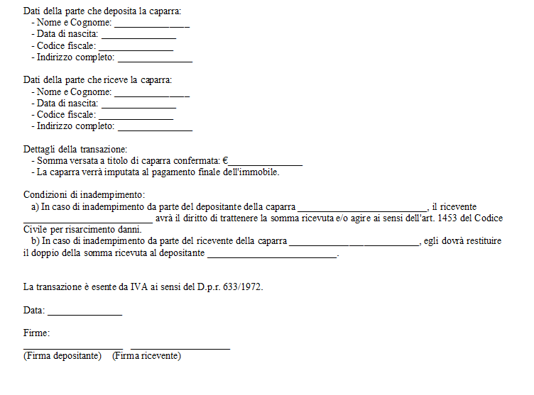 Ricevuta per Caparra Confirmatoria