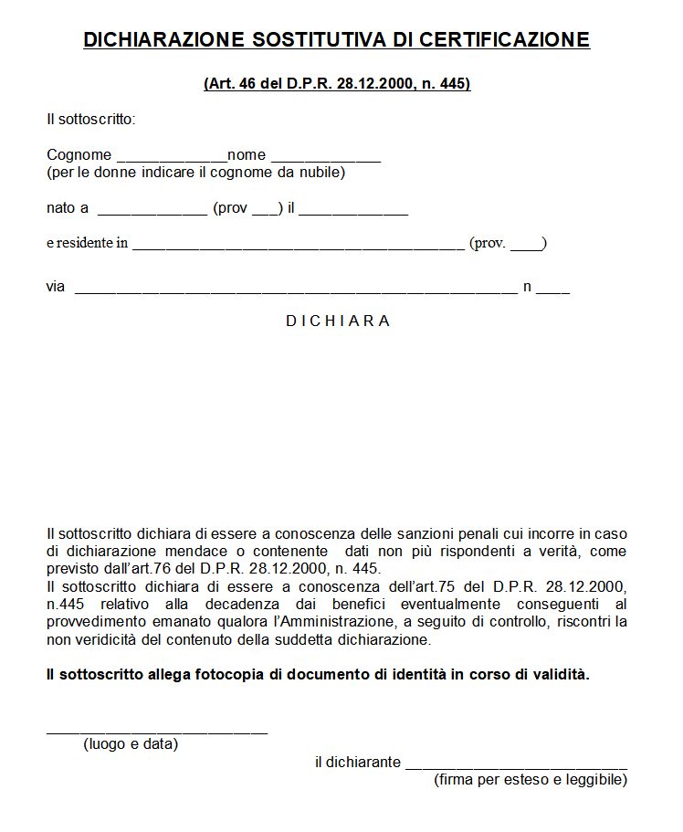 Dichiarazione Sostitutiva di Certificazione