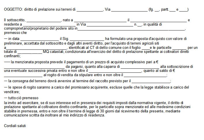 Lettera di Prelazione Terreno Agricolo