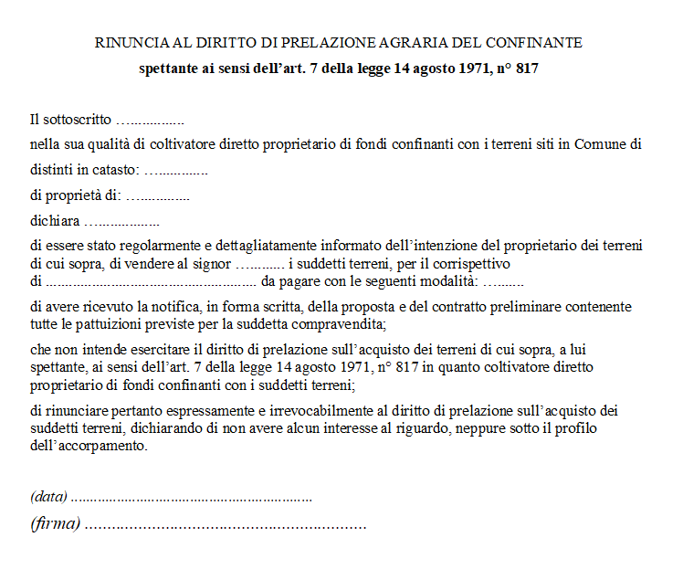 Fac Simile Rinuncia Diritto di Prelazione Terreno Agricolo