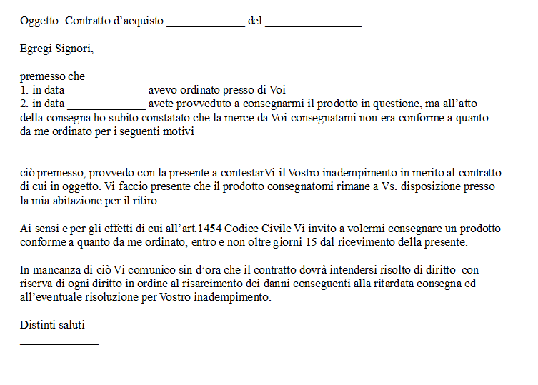 Fac simile contestazione di merce non conforme Word e PDF