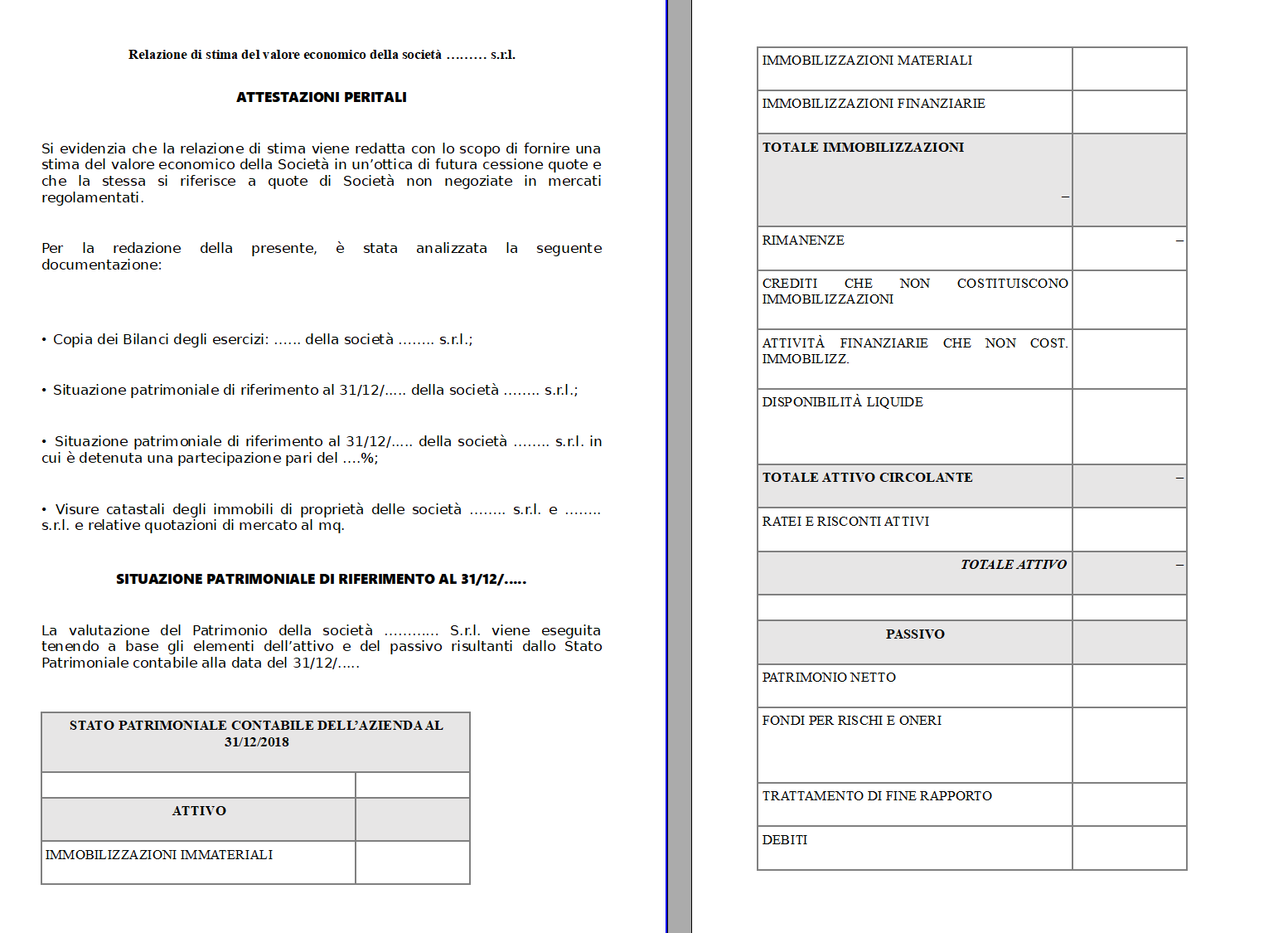 Fac simile perizia valutazione azienda