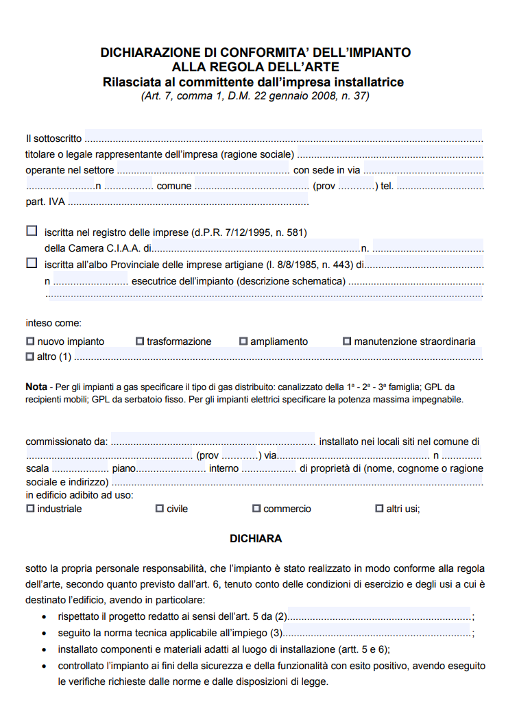 Modulo Dichiarazione di Conformità Impianto Elettrico Word e PDF Editabile