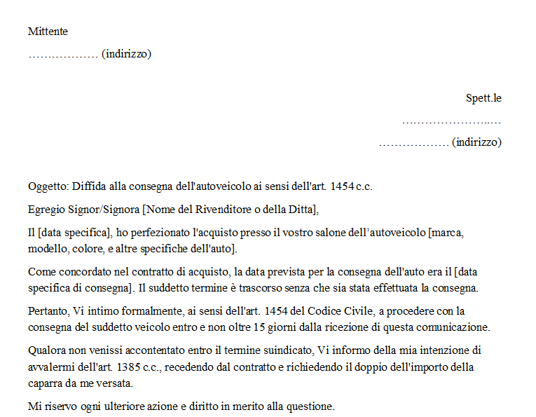 Recesso Contratto Acquisto Auto per Ritardo Consegna