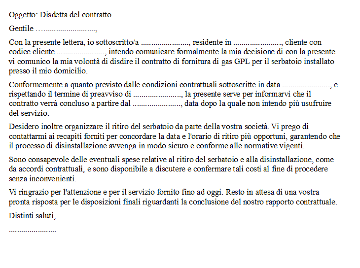 Disdetta Comodato d'Uso Serbatoio GPL PDF e Word