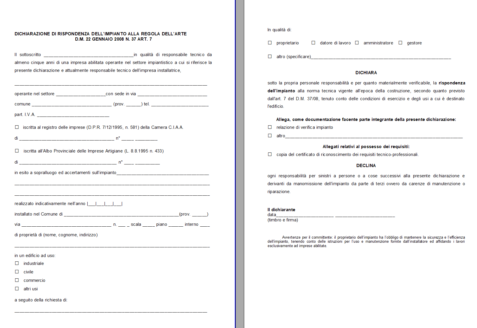 Modulo Dichiarazione di Rispondenza Word e PDF