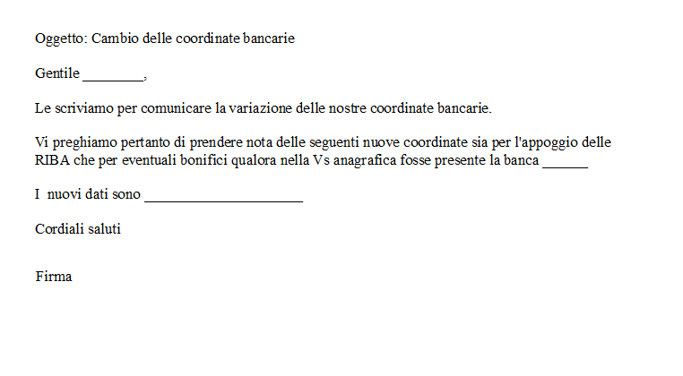 Lettera comunicazione cambio coordinate bancarie