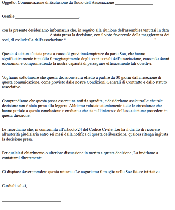 Lettera di Esclusione Socio Associazione