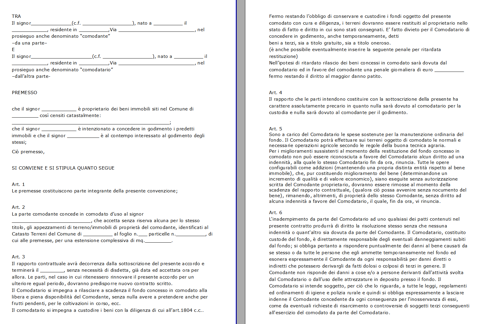 Scrittura Privata Comodato d'Uso Gratuito Terreno Agricolo Word e PDF