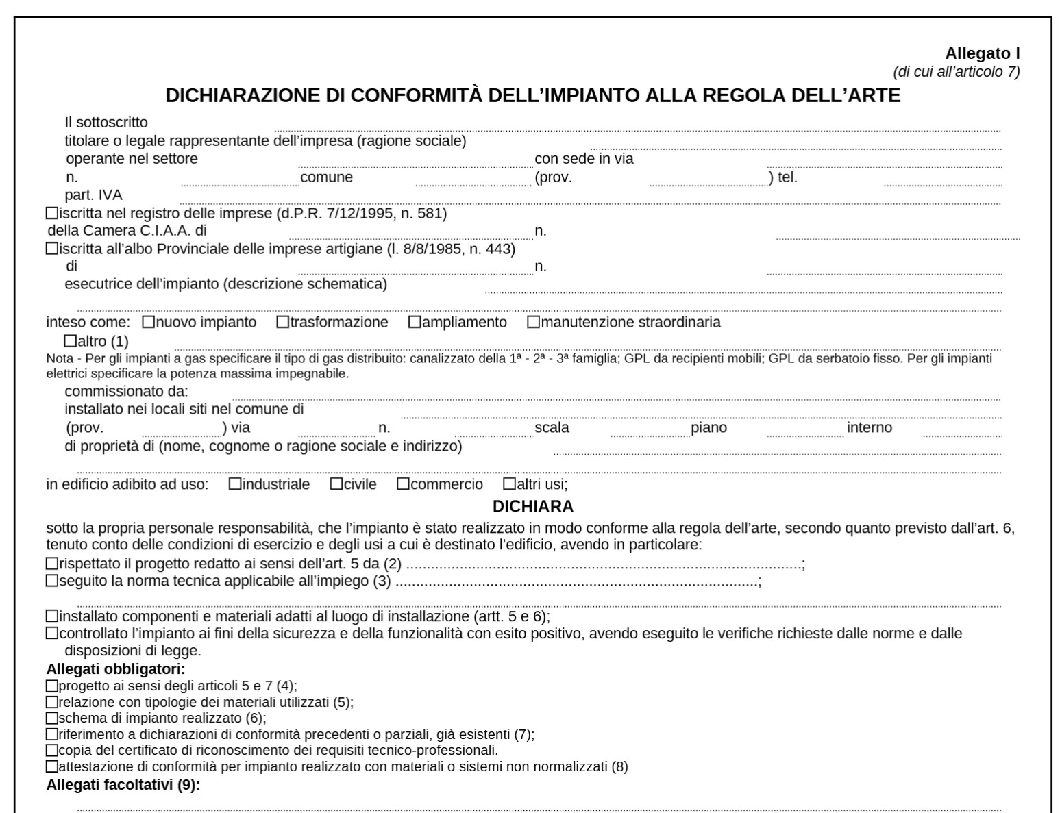 Modulo dichiarazione di conformità impianto gas