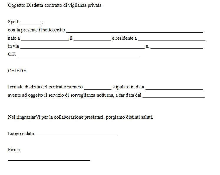 Fac Simile Disdetta Contratto di Vigilanza Privata Word e PDF