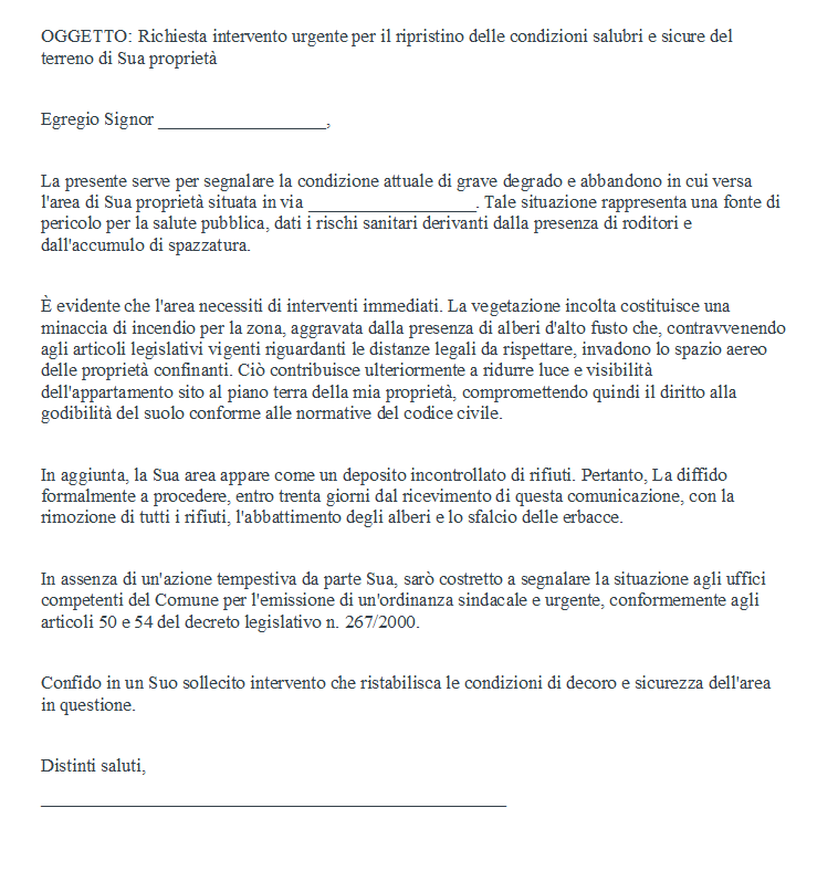 Fac simile lettera al confinante per pulizia terreno