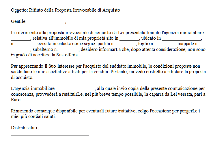 Comunicazione Rifiuto Proposta d'Acquisto