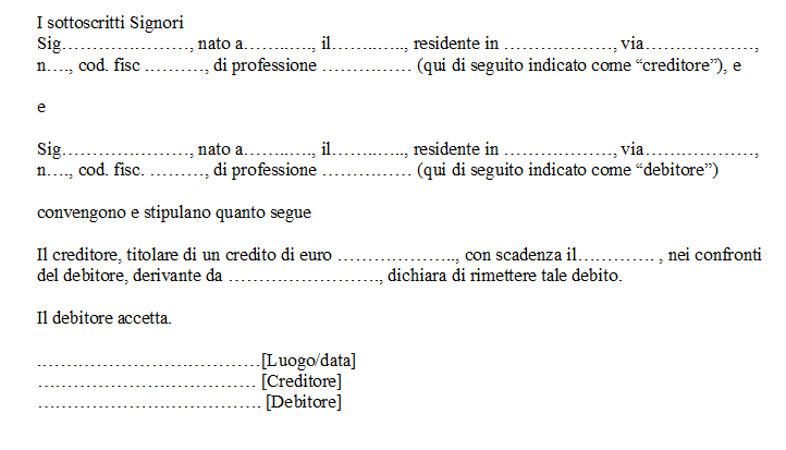 Fac Simile Remissione del Debito