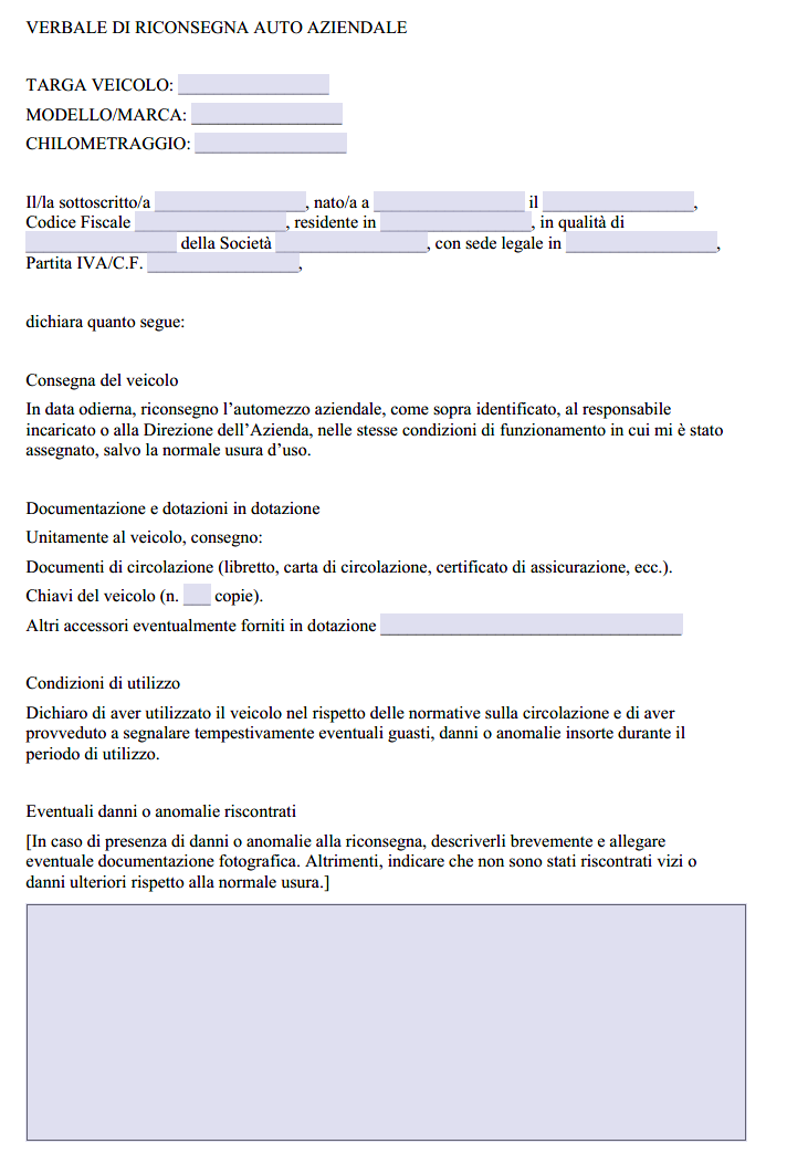 Verbale di Restituzione Auto Aziendale