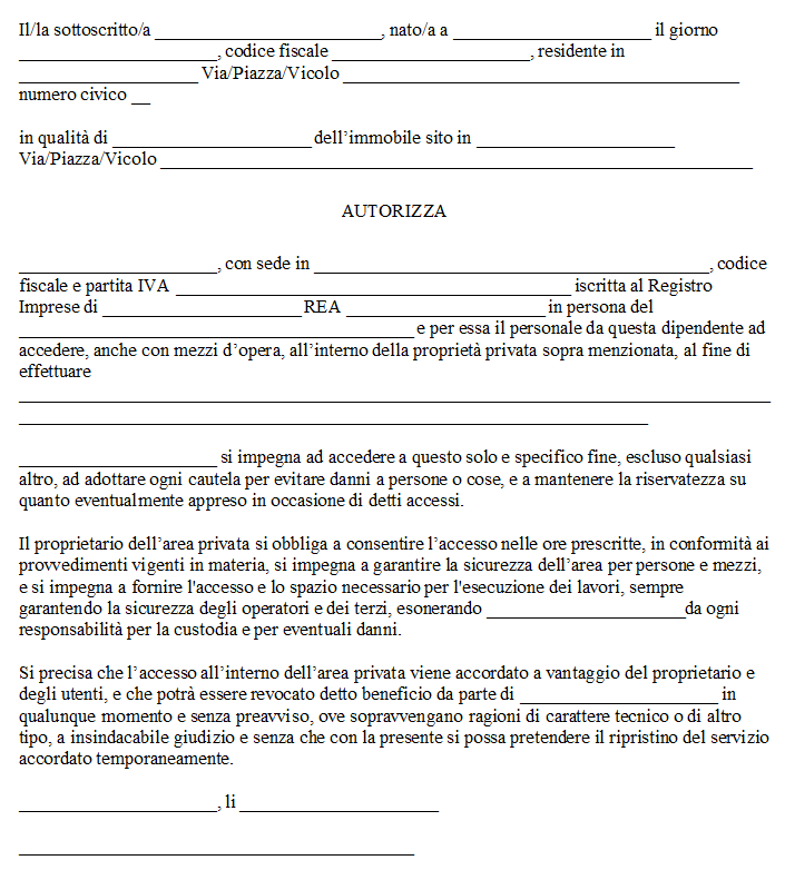 Modello Autorizzazione Accesso Proprietà Privata per Lavori