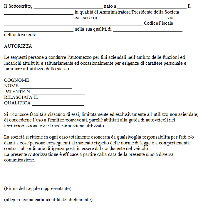 Delega Utilizzo Auto Aziendale