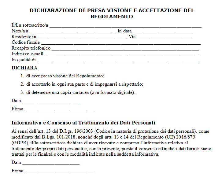 Fac Simile Dichiarazione di Accettazione e Presa Visione