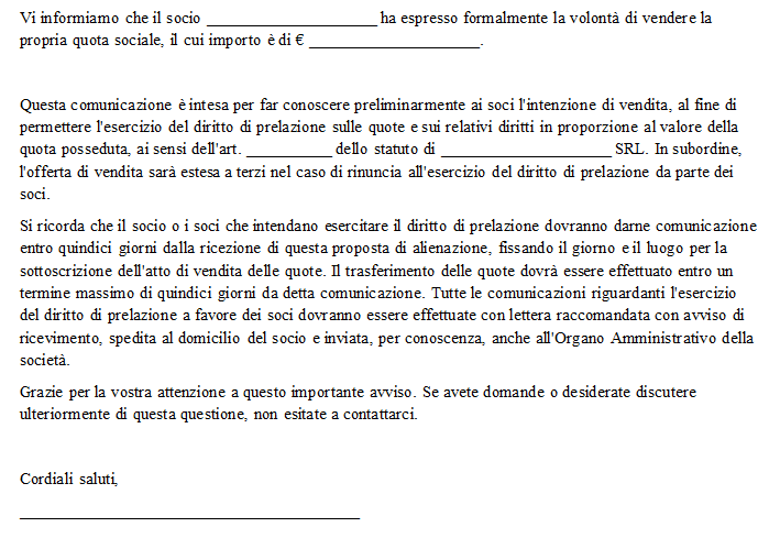 Lettera per Diritto di Prelazione Quote Societarie