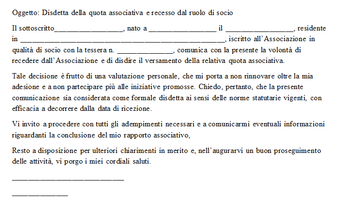 Fac Simile Disdetta Quota Associativa