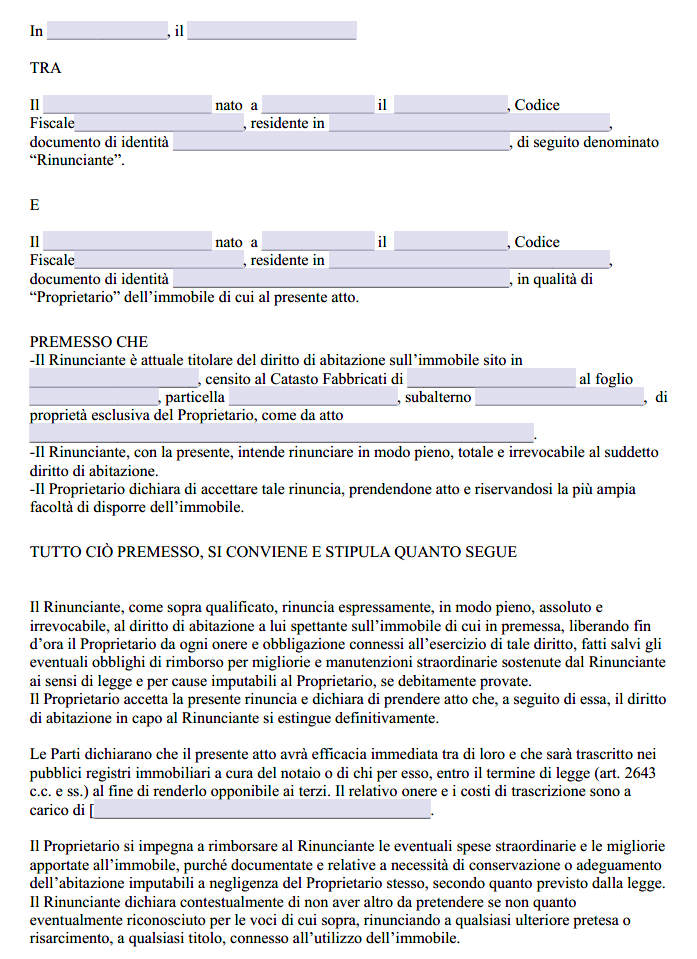 Fac simile rinuncia al diritto di abitazione