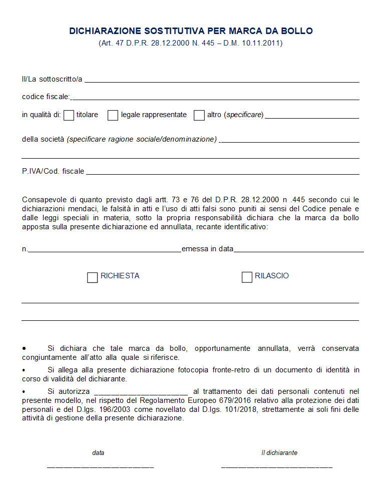 Fac Simile Dichiarazione Sostitutiva per Marca da Bollo
