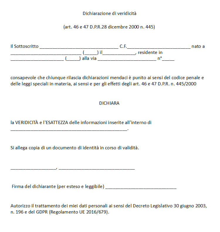 Fac Simile Dichiarazione di Veridicità