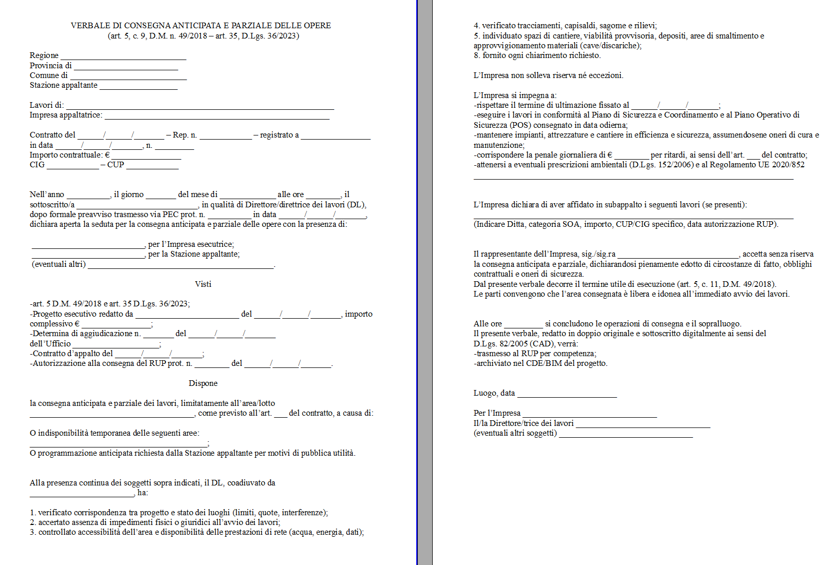 Verbale di Presa in Consegna Anticipata e Parziale