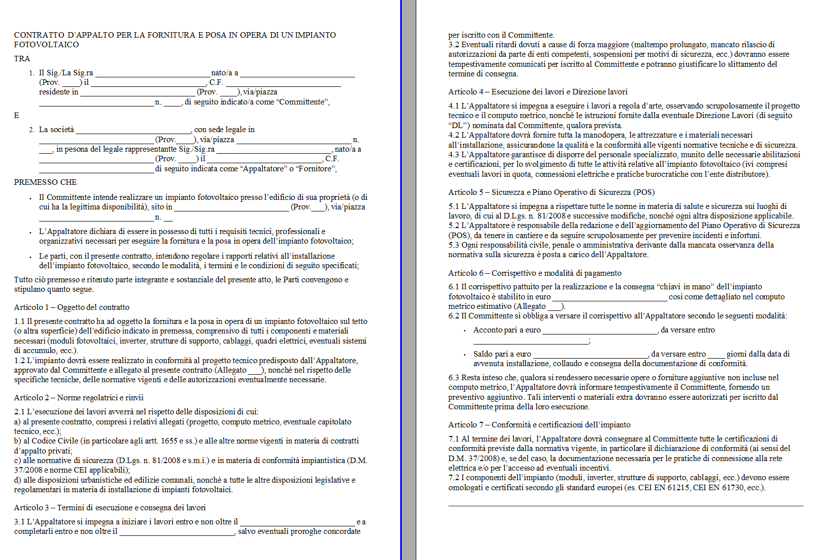 Contratto Impianto Fotovoltaico in Mano