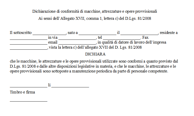 Modulo dichiarazione di conformità macchine e attrezzature