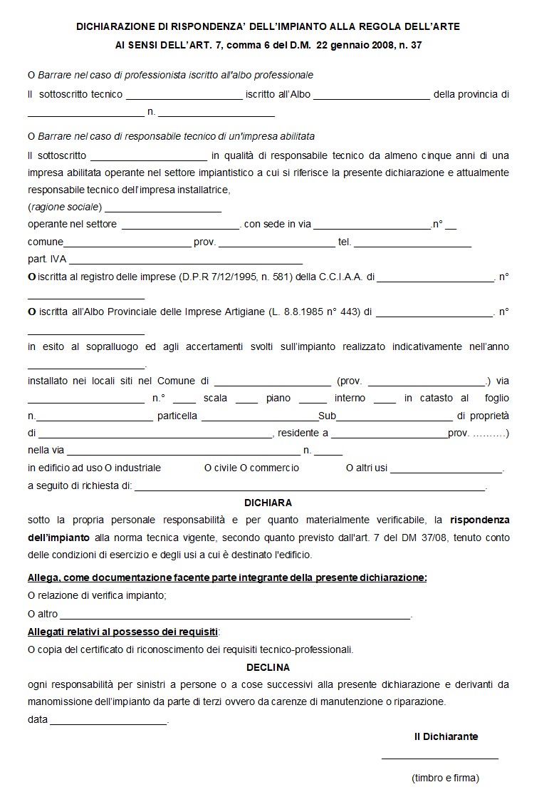 Dichiarazione di Rispondenza Impianto Idrico